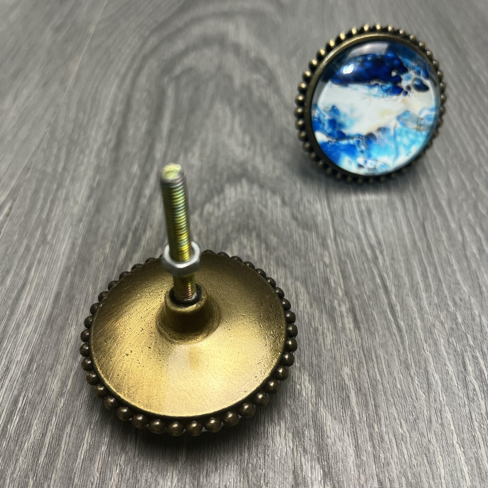 Set of 2 Round Blue White Dome Cabinet Knobs Drawer Pulls Antique Brass Marbled - Picture 4 of 9